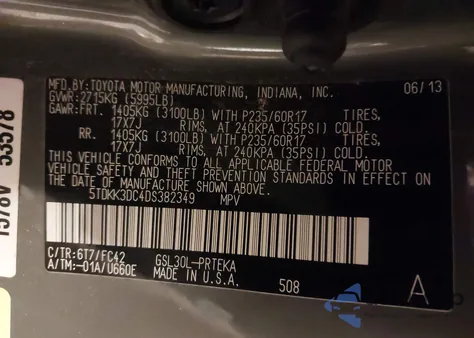 2013 Toyota Sienna Le V6 8 Passenger из США, поврежденный, VIN 5TDKK3DC4DS382349